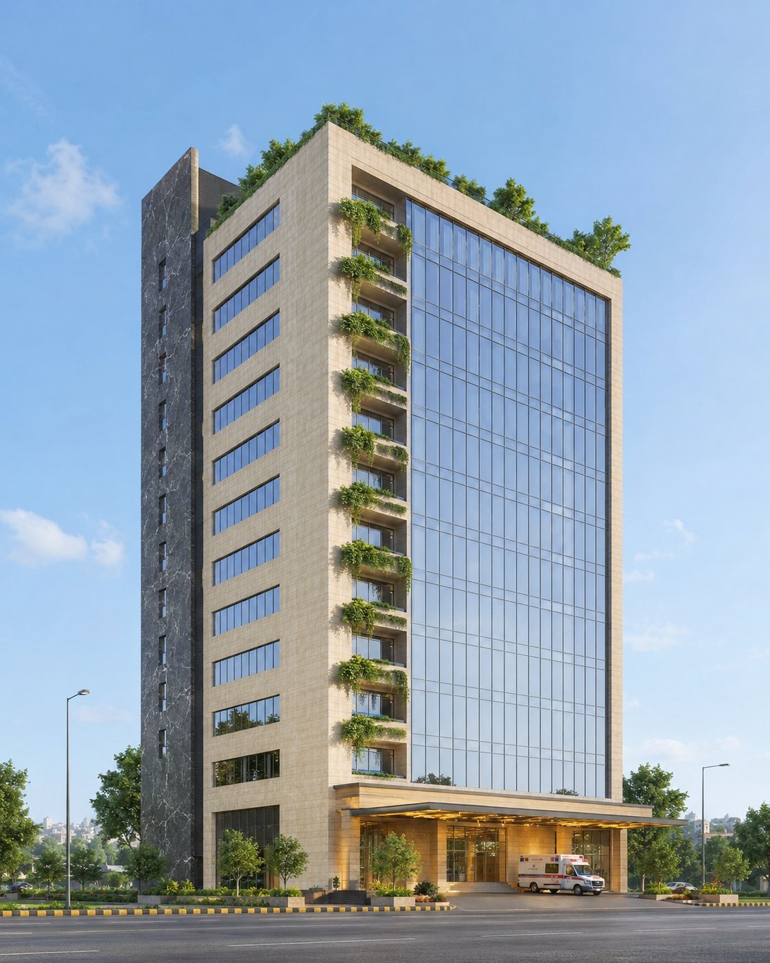 Concept render of the Sunshine tower; the view travels up the facade as you scroll