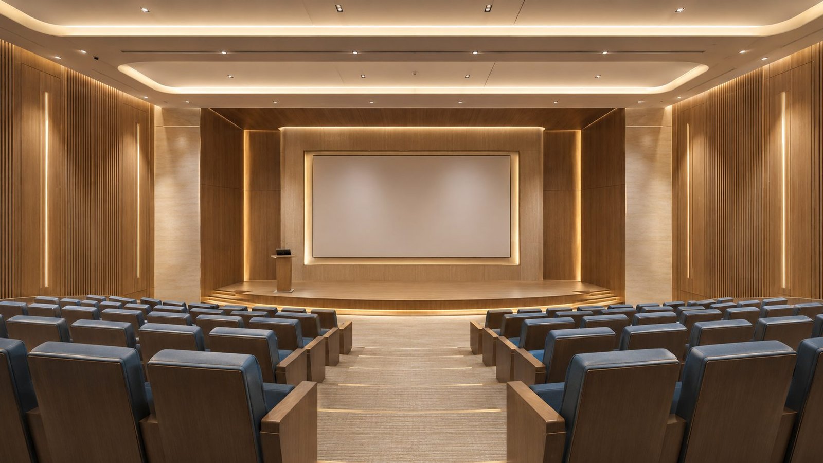 Concept render: the 100-seat auditorium with warm wood panelling and a lit stage