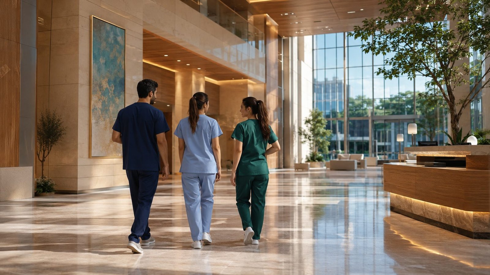 Concept render: three clinicians in scrubs walking through the marble lobby in golden light