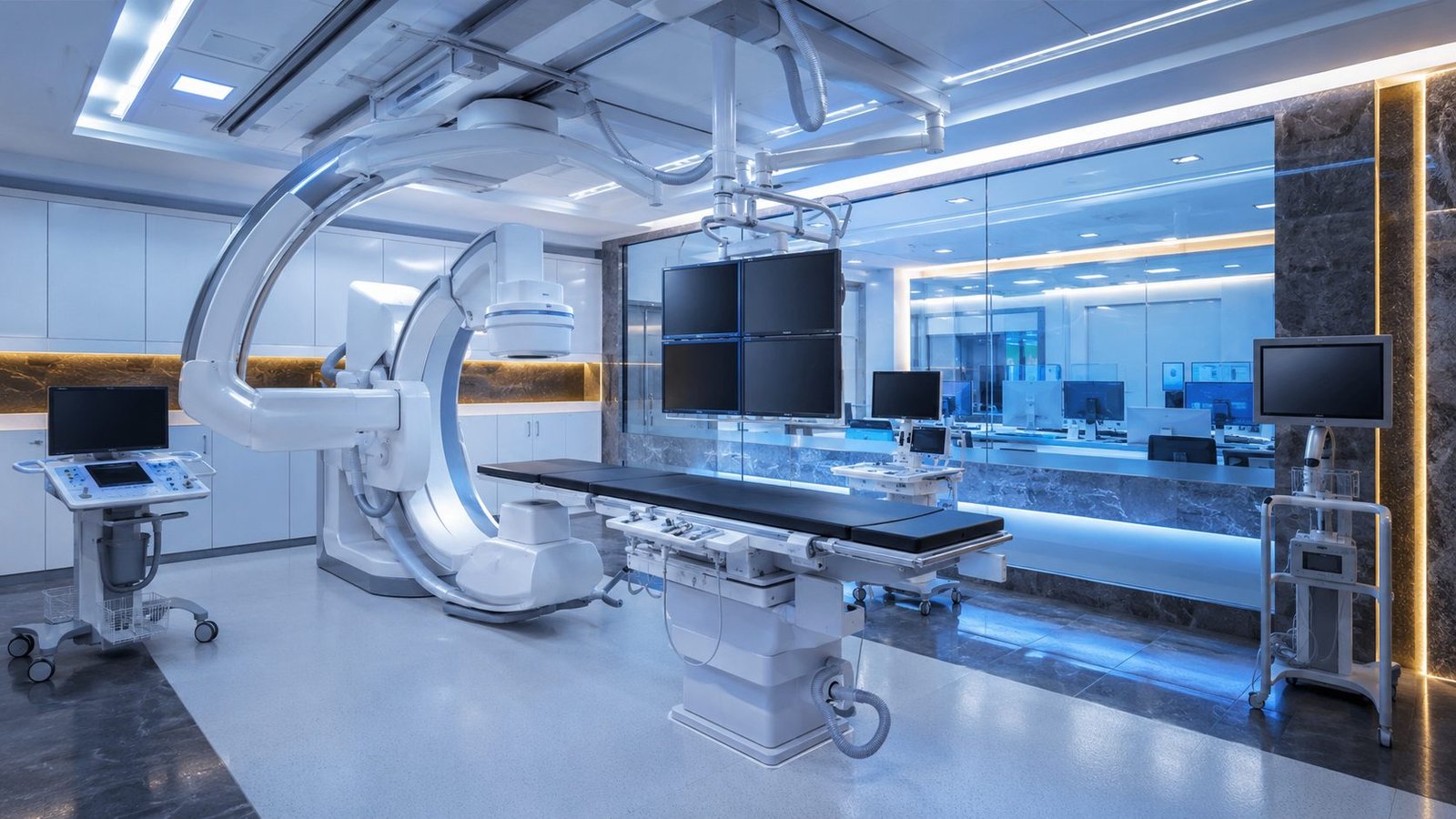 Concept render: cardiac catheterisation lab with C-arm angiography system