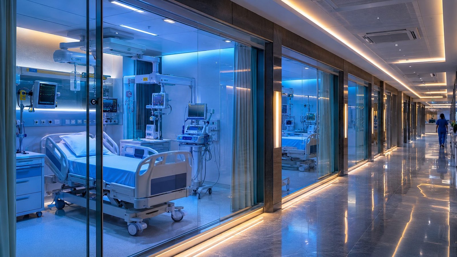 Concept render: intensive care bay with glass-partitioned beds