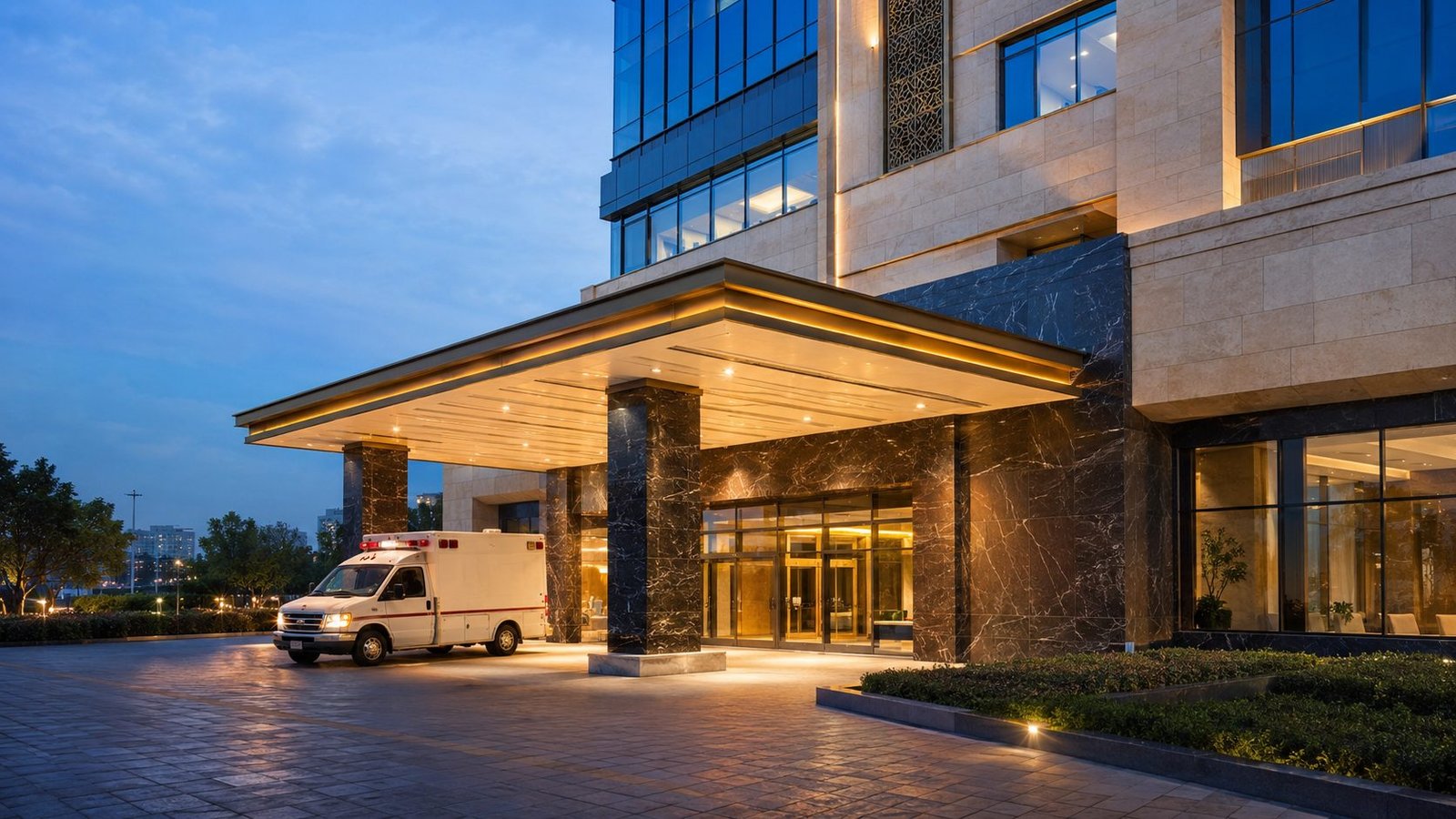 Concept render: gold-lit emergency entrance and ambulance bay at dusk