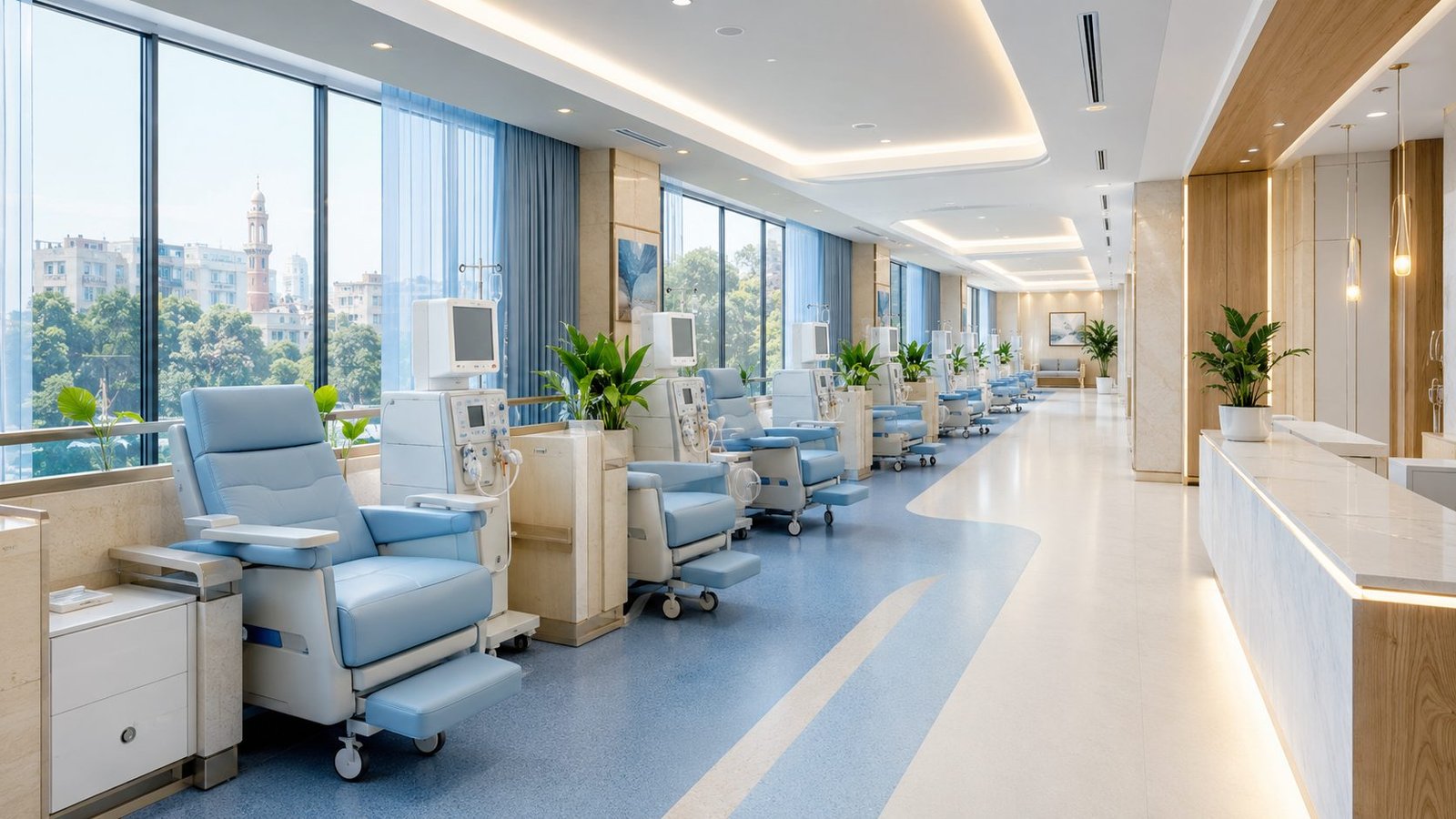 Concept render: daylight dialysis hall with recliner stations