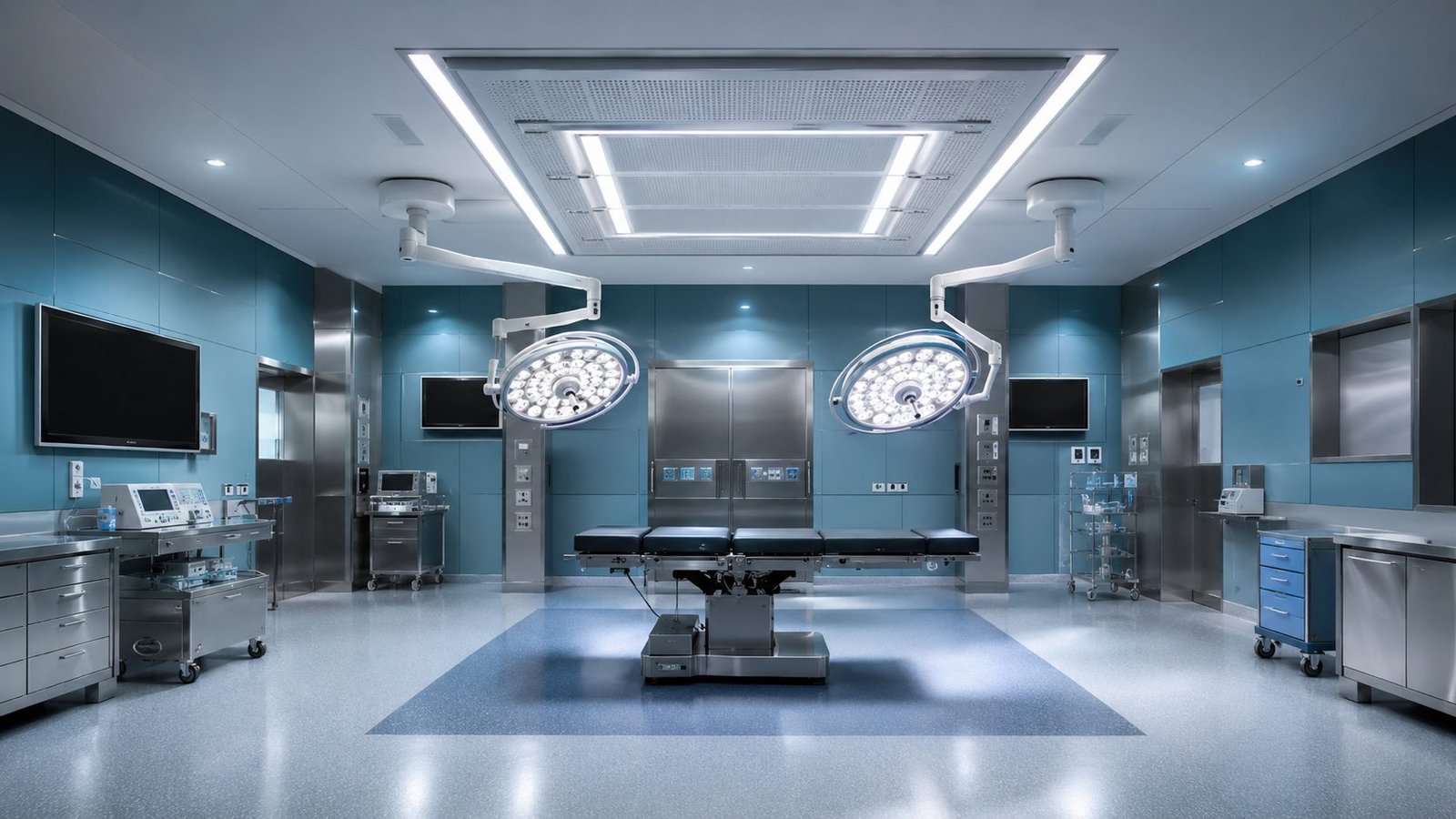 Concept render: modern operating theatre with twin surgical lights