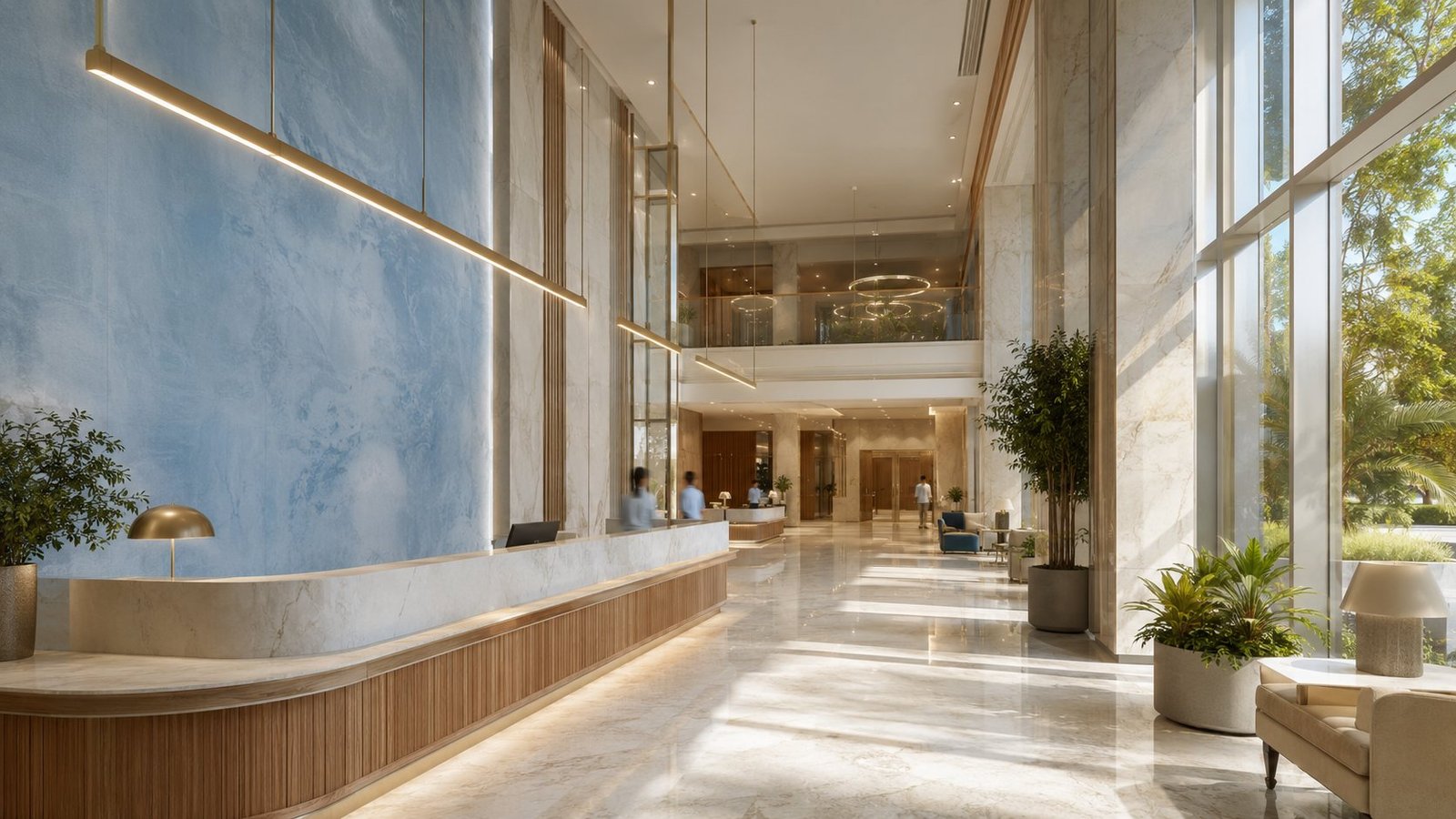 Concept render of the Sunshine Healthcare reception lobby: double-height marble space with a blue stone feature wall and warm gold lighting